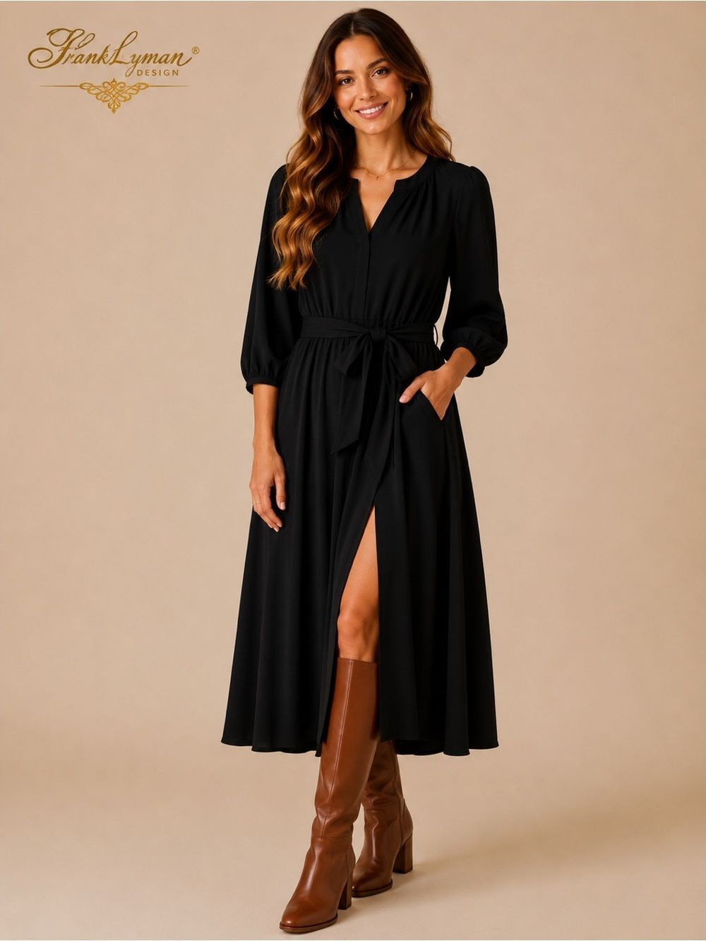 Shoshanna Black Midi Dress with Puff Sleeves NWOT